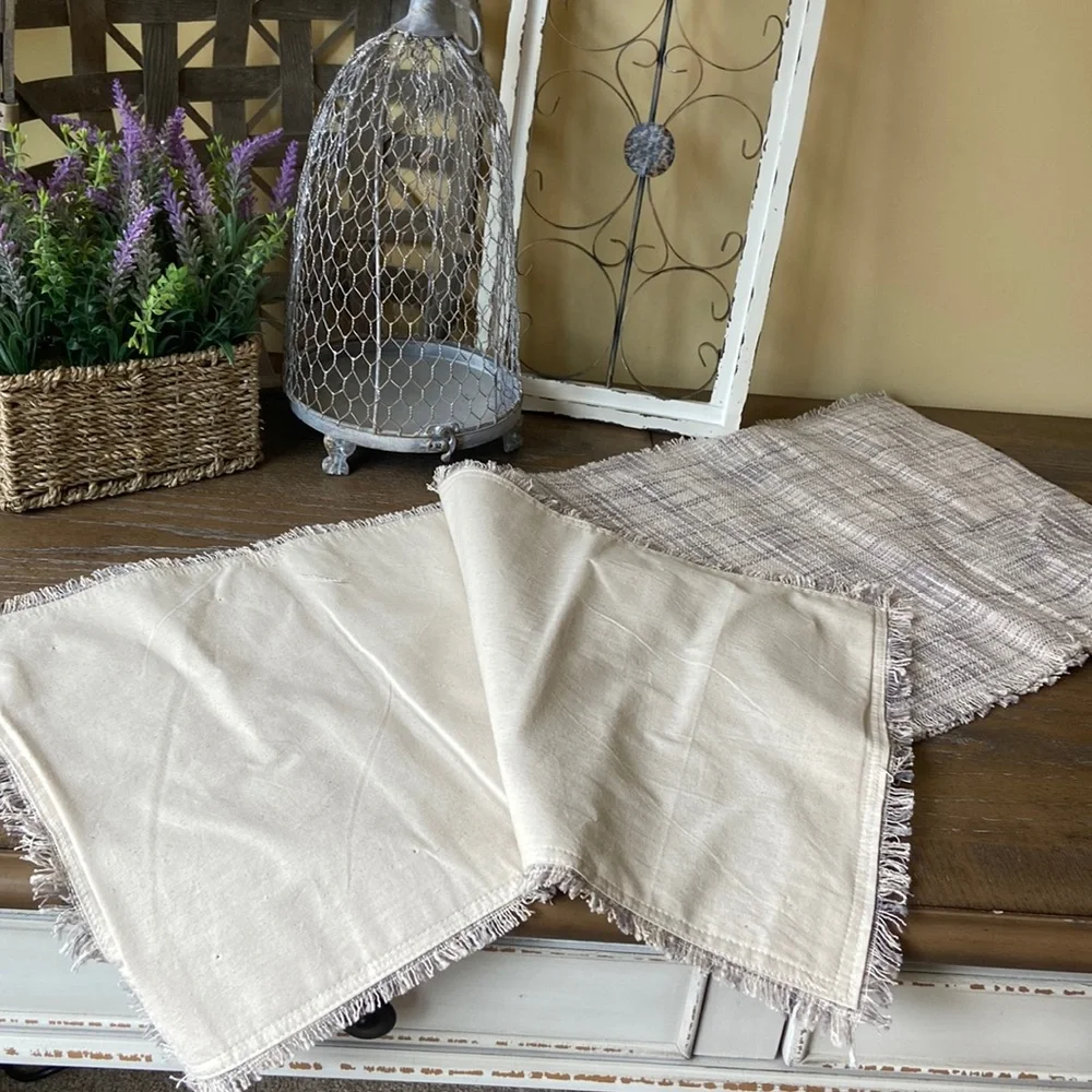 NEW! Bohemian Cottage Gray & Creamy White Plaid Neutral Dining Table Runner